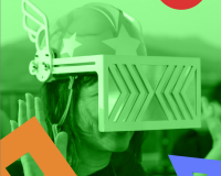 Close up of a person with a futuristic looking home made headset.