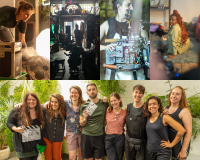 A collage of film crew activities: adjusting equipment, a silhouette in a studio, operating a camera, and group smiling, exuding teamwork and creativity.