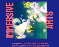 A blue background with artwork called The Hum by Gregory Herbert and text reading, 'Immersive Arts.'