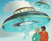 An illustration of 2 flying saucers with a sky coloured background. There are two illustrated people laughing in the forefront wearing colourful boiler suits. In the bottom left of the illustration is a vintage British rail logo.