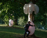 A man wearing a bicycle helmet hugs a inflatable plant like robot attached to a tree in a park. 
