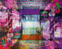 A glitched photomontage of an arcade, focused on the doorway in shades of pink, purple and yellow. 