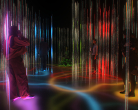Computer generated visualisation of immersive installation. 6 people move through a forest of vertical light columns which respond to their movement and heartbeats. The nearest lights to each person light up with unique personal colours in a pulsing display dictated by their heartbeat, while the floor lights up under their feet leaving a trace as they move through the space.