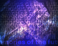 A highly textured image in shades of purple and yellow, with many instances of the text 'Memories of the Future' written over and over again.