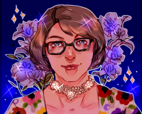 A cartoon drawing of a white woman in black-rimmed glasses with short brown hair.