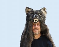 Simon Evans wearing a wolf headress