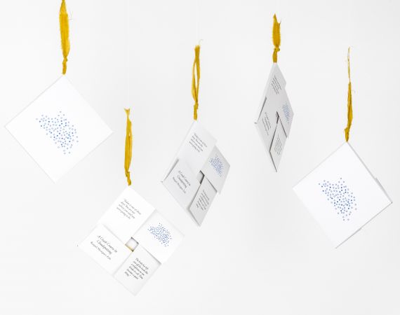 Five booklets of A Crash Course in Cloudspotting hang from yellow cords of material in the style of Literature de Cordel. The booklets are white with blue text or designs in their centre.