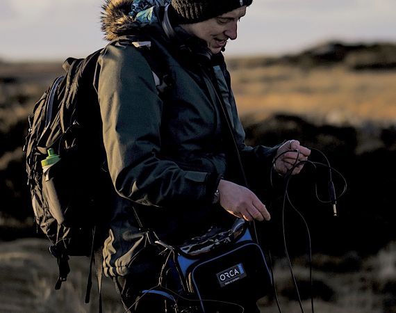 Alison recording sound in the Hebrides, Scotland. 