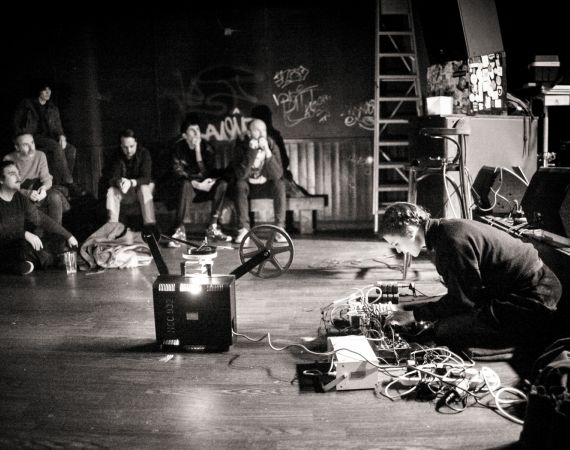 Picture of guest's AV performance at Crofters Rights 2019, using modular synthesisers and 16mm projections. Picture by Simon Holliday