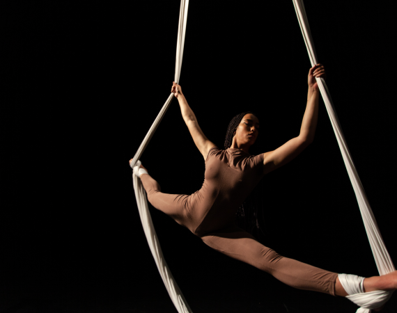 Image of a person in a brown suit, holding ropes.