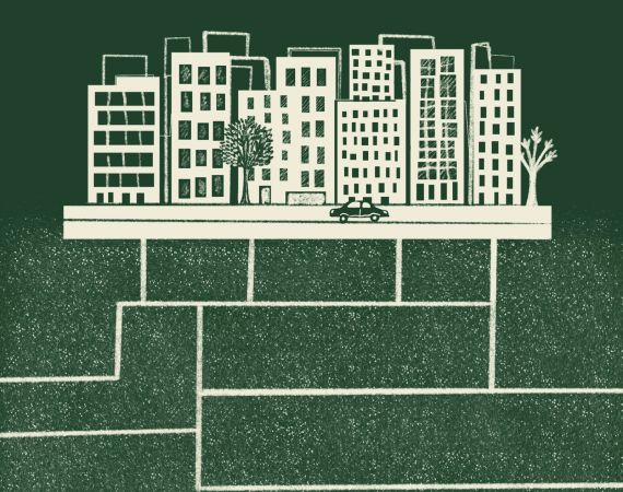 this image shows city block buildings, with an abstract drawing underneath showing a hidden world under the soil
