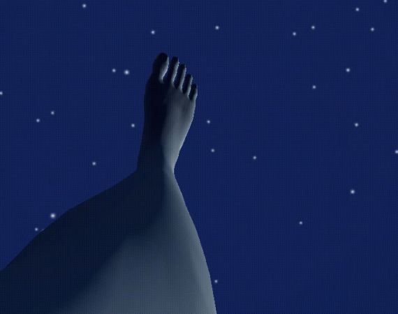 Image of a leg in a video game against a night sky