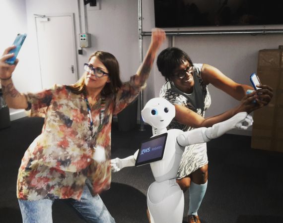 Zahra, Studio Producer and myself meeting Pepper the robot.