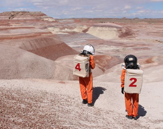 Image of artists Ella Good and Nicki Kent at the Mars Desert Research Station in Utah. 