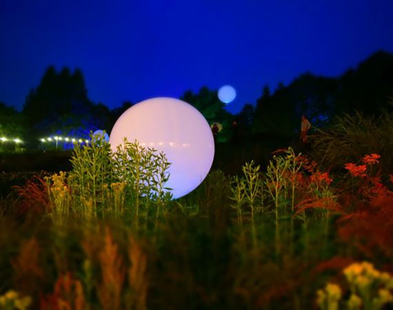 Image of a false moon in a garden after dark