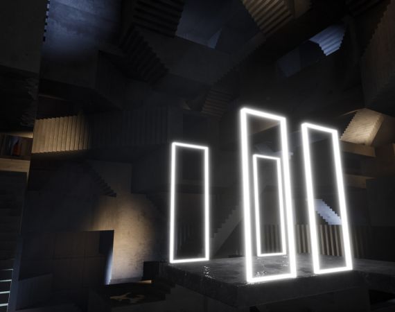 Image of a dark room with four white, lit up thin rectangle structures in the center