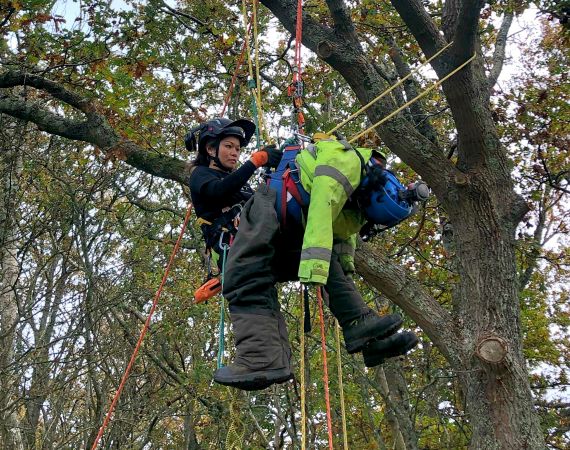 An image of Cheryl Duerden doing a woodland, aerial rescue drill, wearing a harness and is suspended in mid air, held up by ropes.