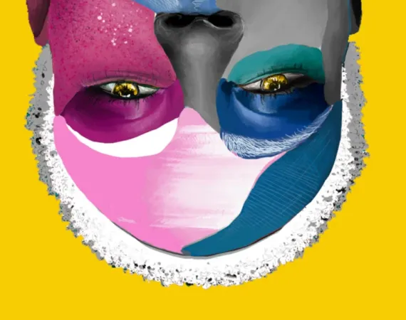 A graphic illustration of a woman's face, overlaid with popping shades of pinks, teals, blues and whites. She looks at us upside down from a bright yellow backdrop.