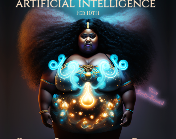 An AI made image of a Black woman adorned in a celestial, magical aura.