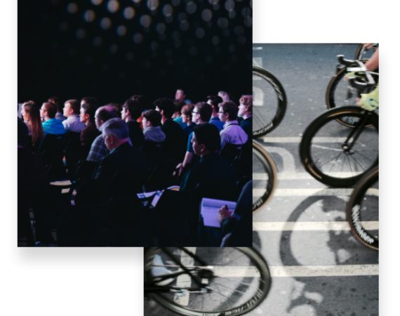 Side by side images of a darkened performance hall, and bicycles in motion.