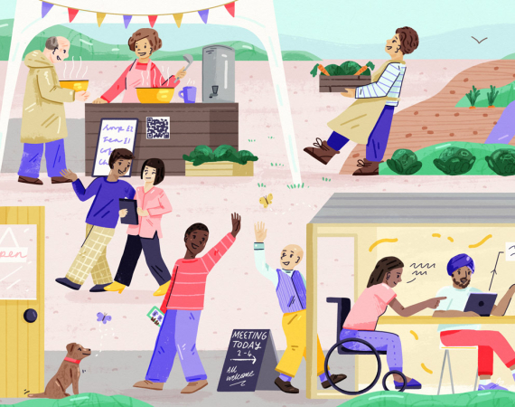 A pastoral, warm illustration of a diverse range of people, gathered in a community.