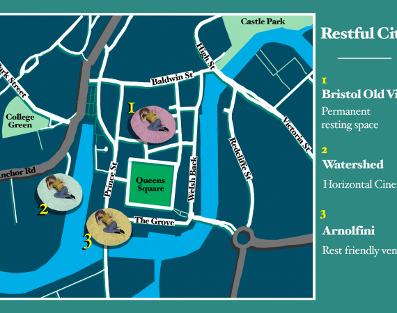 An image of the restful city map, showing rest points around the Bristol city centre.