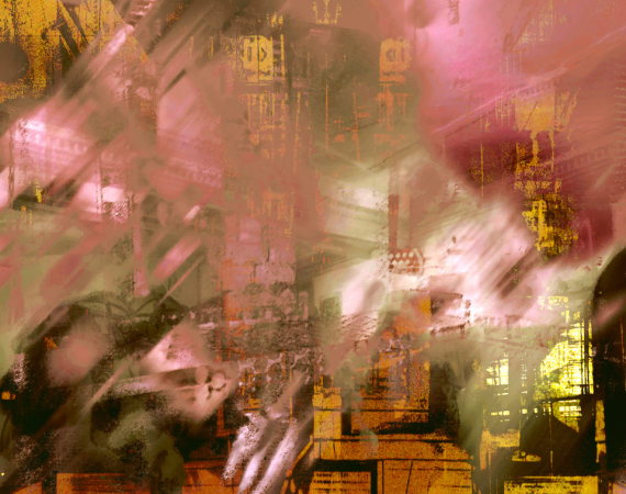 Brian Gibson's art work Angels Walk Amongst Us - a depiction of an amber cityscape in bronze, yellow, and black tones, with abstract imagery peppered throughout the piece.