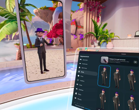 An image of a metaverse-like customisable avatar next to a monitor screen showing various customisation options. 