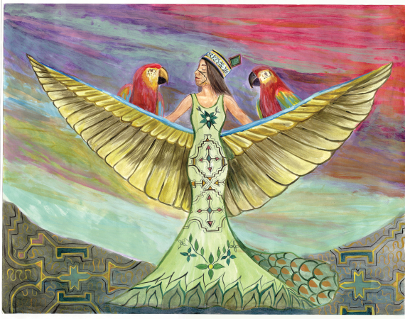 A hand drawn image of an angelic, feminine character, flanked by two exotic birds on either shoulder. 