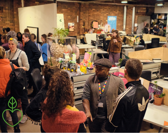 People chatting at First Friday Event, Pervasive Media Studio, Watershed