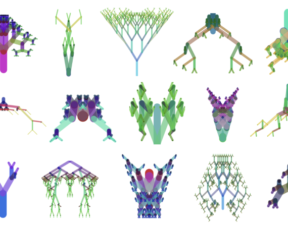An illustrated image depicting various animalistic structures, reminiscent of aliens and plants, against a white background. 