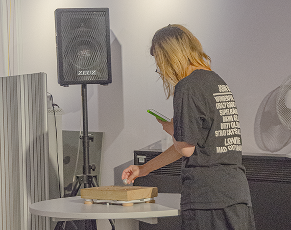 Pyka Workshop at Watershed, Person Playing with Pyka's Alternative Instruments