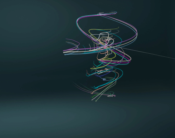 An image of a dancer rendered in a painted, abstract fashion, against a navy blue backdrop