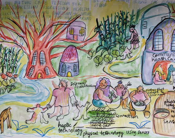 A hand drawn image of a carrot patch made in collaboration with the queering AI cohort. The image details several people, buildings and garden lots. 