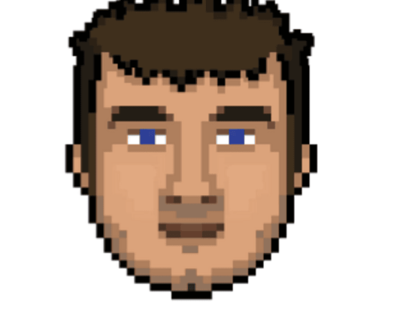 A stylised, pixellated image of Tomas Rawlings, founder of Auroch Digital. The image depicts a while male with brown hair, blue eyes, and a friendly face.