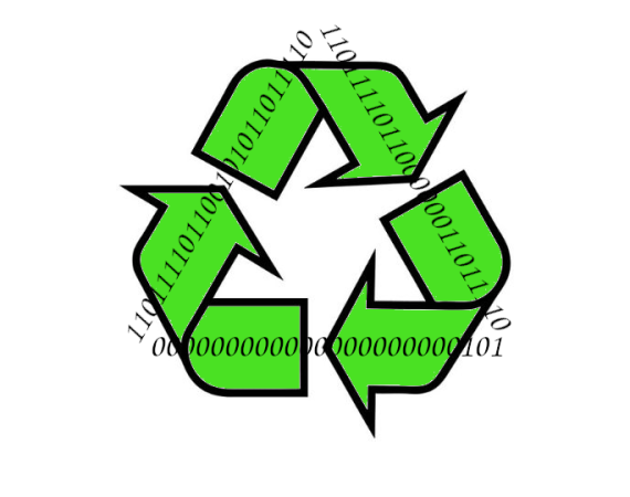 An image of a green "recycle" logo overlaid with binary code on a plain white background.