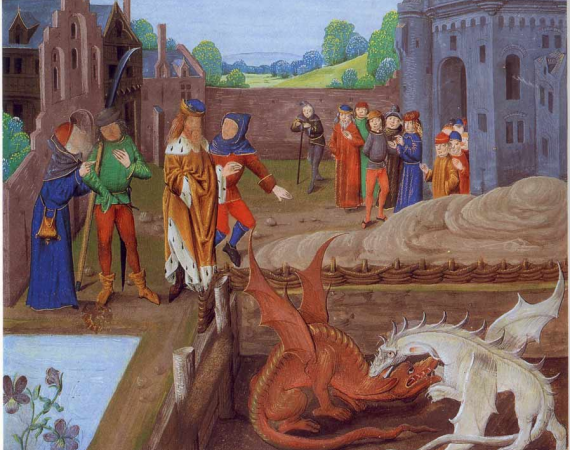 An image of Vortigern Dragons: Vortigern and Ambros watch the fight between the red and white dragons: an illustration from a 15th-century manuscript of Geoffrey of Monmouth's History of the Kings of Britain.