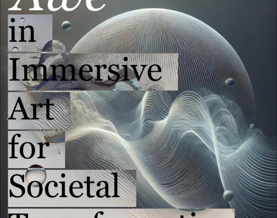 An image of the words Awe in Immersive Art for Societal Transformation, overlaid on an abstract, digitally generated image of a sound wave in grey and blue hues. 