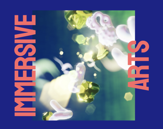 An image of the Immersive Arts text, bordering an abstract blue image on the left and right, with a floral image in the middle.