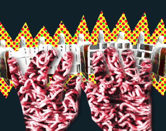 Digital collage of hands typing on a keyboard