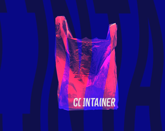 An image of a floating plastic bag, rendered in blue, purple and red on a deep blue background, with the Container Magazine logo emblazoned on it. 