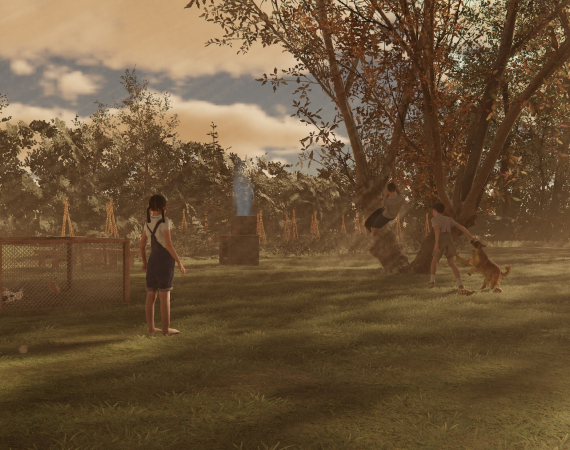 A 3d rendered image of children playing in a green landscape reminiscent of a yard - two children and a dog play on a rope swing tethered to a tree to the left of the image.