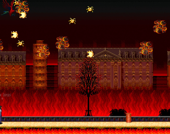 A screenshot from the game Black Room - the image depicts a woman in the bottom right hand corner, wearing a white shirt and long blue skirt, facing down a large street awash in intense colours reminiscent of burning and fire. A dark red pervades the image, creating a surreal and dreamlike atmosphere. 