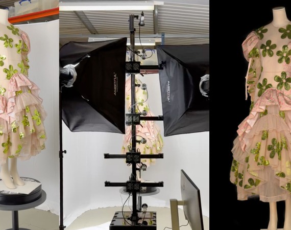 An image in three parts - in the left image, a mannequin with a dress on, stood on a pedestal; the dress is a sheer adjacent material, is shell pink in colour, and has green flowers dotted all over it. In the middle, the mannequin sits at the centre of a photography studio, with digital photography equipment surrounding it, to capture a render, shown in the image on the far right. 