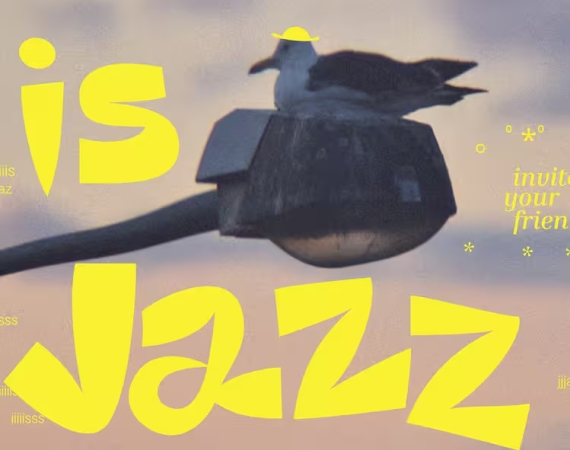 A seagull perched on a street lamp against a sunset sky, wearing a small yellow hat. Bold yellow text reads "Jazz" with playful, inviting font.