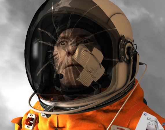 An image of Andrew Kötting rendered in a 3d art style; he is portrayed as an astronaut, clad in orange, with only the right side of his face visible through the cracked helmet. He has a bewildered expression on his face. 