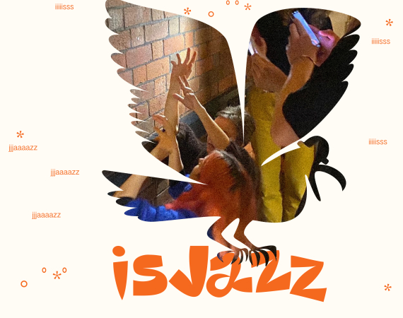 Silhouette of a bird filled with an image of people reaching upwards, set against a brick wall. Surrounding text reads “isJazz,” with playful orange accents.
