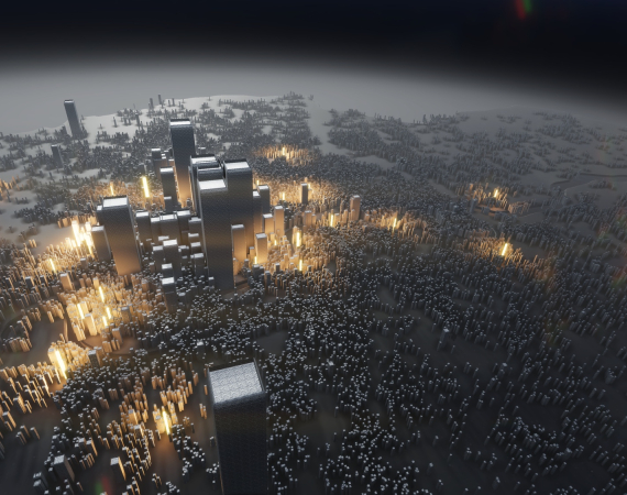 A digital render of the video work WrongMove. The image depicts a render of the city of London, with illuminated areas indicating places that are wheelchair accessible.  