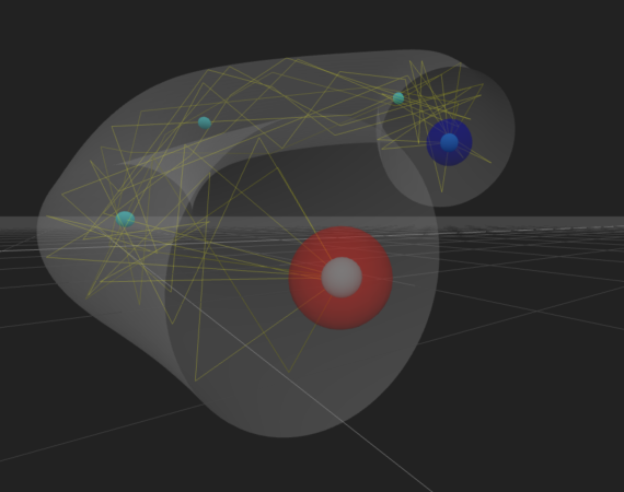 A screenshot of audio production software used to make animal sounds from programmed or recorded sources. Two large dots, one red and one blue, connect a network of smaller dots via straight yellow lines, forming an amorphous shape in the centre of the image. 