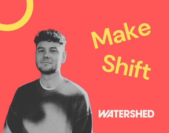 Young man with short hair stands against a vibrant red background with the words "Make Shift" in bold yellow, and "WATERSHED" in white. Energetic and creative tone.